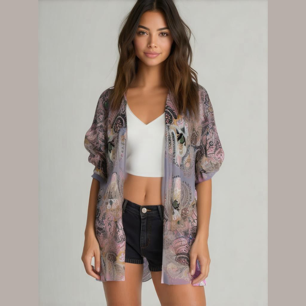 Blue Rain Kimono Duster Cardigan Womens L Pink Paisley Open Cover Up Boho Hippie